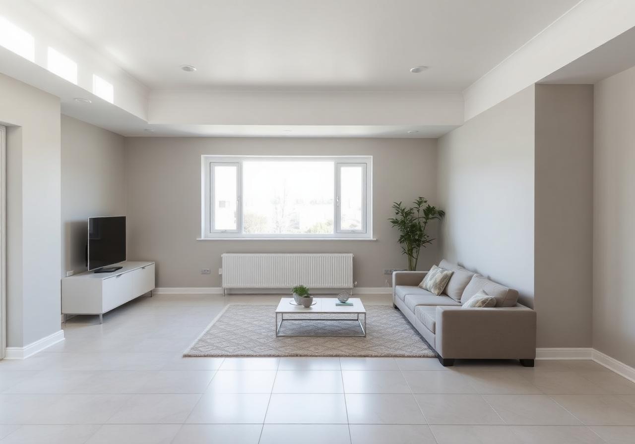 Renovated interior with new tiling, plaster and ceiling