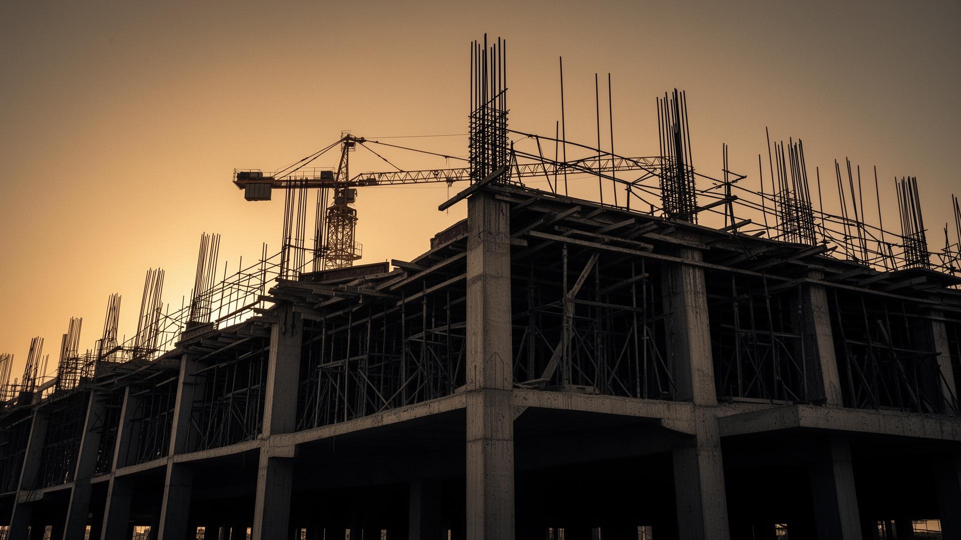Concrete frame and tower crane silhouette at golden hour on a South African construction site